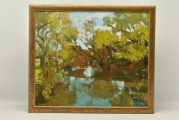 JILL BARTHORPE (BRITISH 1961) 'FROM THE BRIDGE', a river landscape with reflected trees, monogram