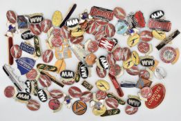 A BAG OF ASSORTED PIN BADGES, mainly enamel examples, to include vehicles, company badges etc.
