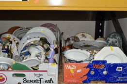 THREE BOXES OF ASSORTED CERAMIC TEAWARE AND ORNAMENTS to include ten 'Imari' style tea cups with ten