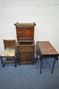 A 19TH CENTURY MAHOGANY TABLE, a cabinet with a single drawer and cupboard door, a stool with a fall