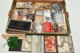 A BOX OF ASSORTED ITEMS, to include a silver hinged bamboo bangle, hallmarked Birmingham, a small