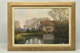 CLIVE MADGWICK ( 1934-2005) A RIVER LANDSCAPE WITH WATERMILL, an autumn scene with ducks on the
