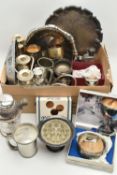 A BOX OF ASSORTED WHITE METAL WARE, to include two pewter half pint tankards, two three branch