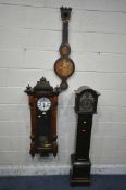 A LATE 19TH CENTURY WALNUT WALL CLOCK, with a foliate crest, flanked by twin finials, the arched