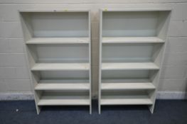 A PAIR OF WHITE FIVE TIER OPEN BOOKCASES, width 80cm x depth 35cm x height 146cm (condition