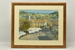 BERT WRIGHT (1930-?) 'St EMILION' FRANCE, a French townscape on market day, signed bottom right,