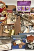 A BOXED OF ASSORTED COSTUME JEWELLERY AND JEWELLERY BOXES, to include various beaded necklaces,