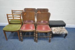 A SET OF FOUR EARLY 20TH CENTURY OAK CHAIRS, a pair of mid-century teak chairs, along with two