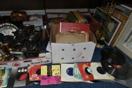 THREE BOXES, ONE SUITCASE AND LOOSE MISCELLANEOUS SUNDRIES, to include a mid-century teak framed