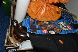 FOUR BOXES OF MIXED KITCHEN CERAMICS AND APPLIANCES to include a boxed hot stone cooking