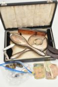 A SILVER MOUNTED BRUSH, MIRROR, COMB, COINS ETC., to include an early 20th century silver mounted