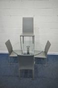 A CIRCULAR GLASS TABLE, with tubular metal support, diameter 110cm x height 76cm, along with a set