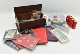 A CARDBOARD BOX CONTAINING COINS AND COMMEMORATIVES, AND BANKNOTES TO INCLUDE Consecutive Beale £1