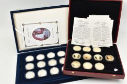 A CARDBOARD BOX CONTAINING ROYAL MINT AND WESTMINSTER CASED COINS, to include a Golden Anniversary