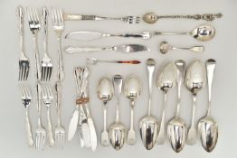 A SELECTION OF SILVER AND WHITE METAL CUTLERY, to include two Georgian fiddle pattern tablespoons,