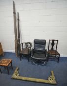 A BLACK LEATHERETTE SWIVEL ARMCHAIR, two other chairs, two bed posts, a musical sewing box and a