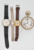 A GOLIATH POCKET WATCH AND THREE WRISTWATCHES, a base metal, manual wind, open face pocket watch,