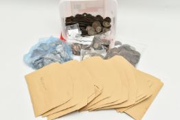 A PLASTIC TUB OF MIXED WORLD COINS, to include early loose copper coins, many coins in envelopes
