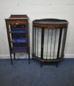AN EDWARDIAN MAHOGANY AND MARQUETRY INLAID CHINA CABINET, with a single astragal glazed door, that's