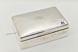 AN EDWARD VII SILVER CIGAR BOX, rectangular form box, monogram engraving to the lid, cedar wood