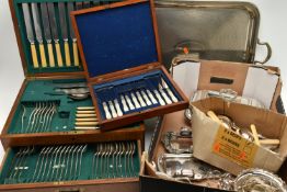 A BOX OF WHITE METAL WARE, to include a large rectangular double handled tray, a gravy boat, toast