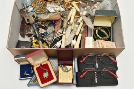 A BOX OF ASSORTED ITEMS, to include various pieces of costume jewellery, ladies fashion