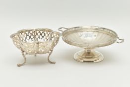 TWO SILVER BONBON DISHES, the first a scalloped form dish with pierced detail, raised on three feet,