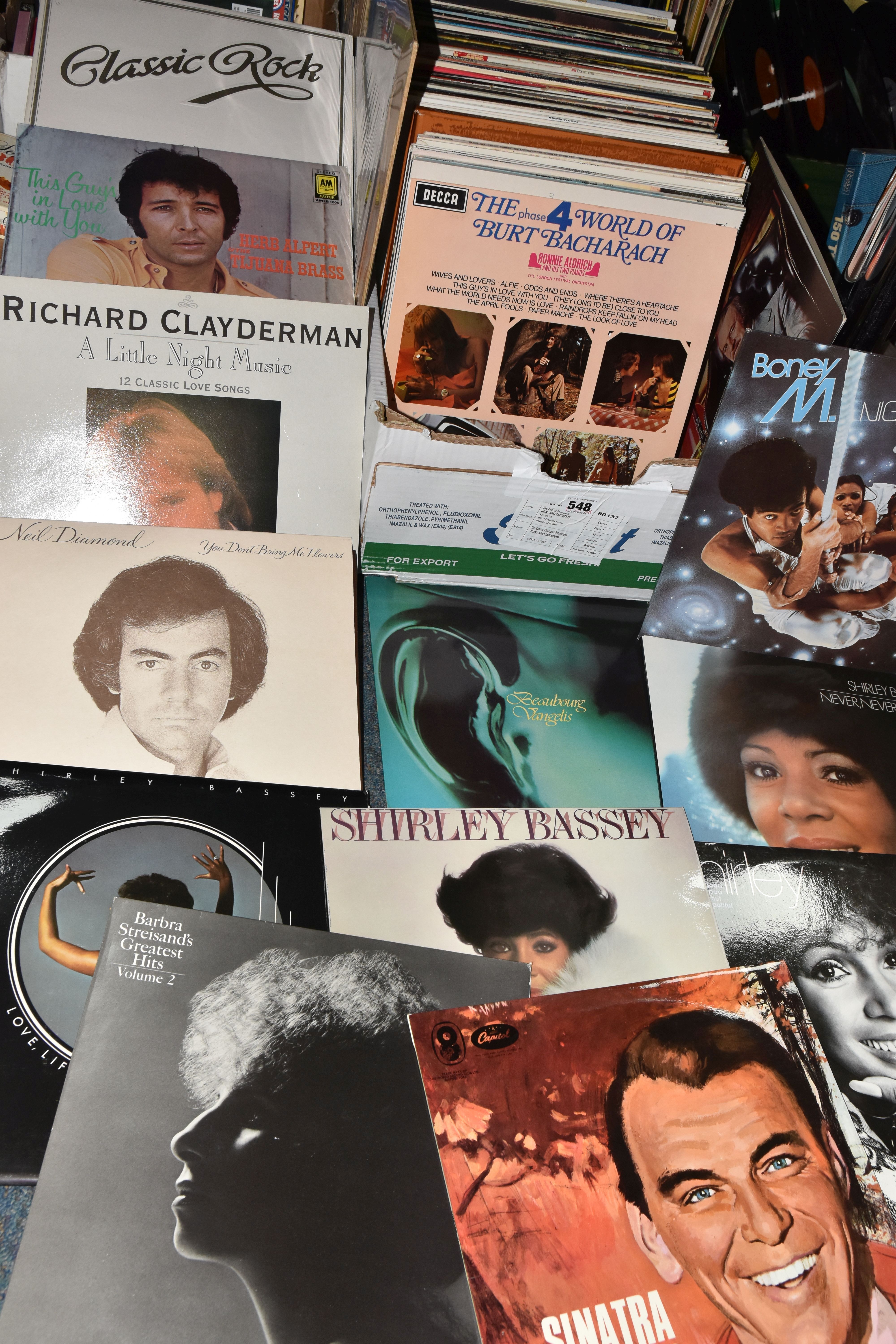 A BOX OF APPROXIMATELY 120 LP RECORDS, artists include Herb Alpert, Shirley Bassey, Barbara