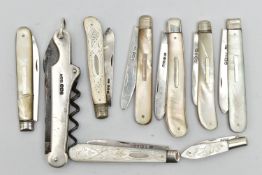 SILVER FRUIT KNIVES AND A POCKET KNIFE, to include eight fruit knives, all fitted with mother of