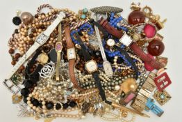 A SHOE BOX OF COSTUME JEWELLERY, to include nine ladies fashion wristwatches names to include '