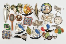 A SELECTION OF WHITE METAL JEWELLERY, to include mainly brooches, with enameled boats, balloons