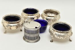 A SET OF FOUR VICTORIAN SILVER CAULDRON SALTS AND AN EDWARDIAN SILVER MUSTARD, the salts with