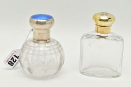 TWO SCENT BOTTLES, the first an etched glass round scent bottle fitted with a silver hinged cover