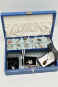 A BLUE JEWELLERY BOX WITH ASSORTED WHITE METAL JEWELLERY, to include a boxed silver paste set