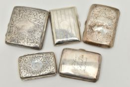 FIVE SILVER CIGARETTE CASES, three with a foliate pattern two have engraved cartouches, a polished