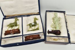 BOXED HARDSTONE FIGURES, to include a cased carved green hardstone lady figure with stand (AF