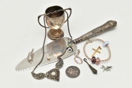 A SMALL SELECTION OF ITEMS, to include a small silver trophy cup, hallmarked Birmingham, approximate