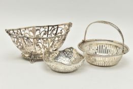 THREE EARLY 20TH CENTURY PIERCED SILVER BONBON DISHES/NUT DISHES, comprising a George V circular