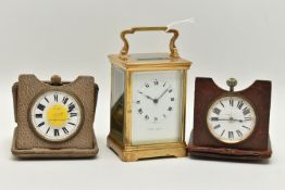 A BRASS CARRIAGE CLOCK AND TWO TRAVEL CLOCKS, the first a rectangular form carriage clock signed '