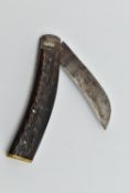 A 'SAYNOR' OF SHEFFIELD PRUNER, flat brass terminal, signed to the blade 'Saynor', antler handle,
