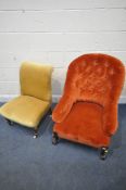 A VICTORIAN WALNUT BUTTONBACK CHAIR, and a late Victorian scroll back bedroom chair (condition
