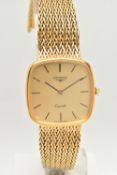A GENTS BOXED 'LONGINES' QUARTZ WRISTWATCH, rounded square gold dial signed 'Longines Quartz', baton