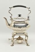 A GEORGE V SILVER SPIRIT KETTLE ON STAND OF SHAPED RECTANGULAR FORM, of George IV style, foliate