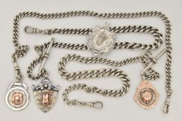 THREE LATE 19TH TO EARLY 20TH CENTURY SILVER ALBERT CHAINS AND FOUR MEDALLIONS, all curb link chains