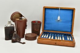 THREE LEATHER CASED DRINKING ITEMS AND A LATE VICTORIAN OAK CASED CANTEEN OF MOTHER OF PEARL HANDLED
