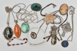 A SELECTION OF SILVER AND WHITE METAL JEWELLERY, to include mainly gem set pieces, an inlaid shell