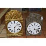 TWO LATE 19TH / EARLY 20TH CENTURY FRENCH COMPTOISE WALL CLOCKS, both with pendulum, white enamel