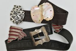 BELTS AND BELT BUCKLES, to include two silver belt buckles on leather belts, an unmarked belt buckle