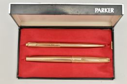 BOXED 'PARKER' PEN SET, to include a rolled gold fountain pen and matching ball point pen, in a
