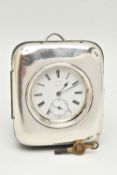 A LATE VICTORIAN SILVER OPEN FACE POCKET WATCH IN A SILVER MOUNTED TRAVEL CASE, the white face